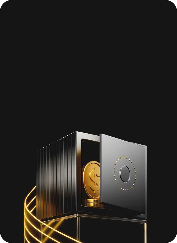 Modern metallic safe with open door revealing gold coins featuring a dollar sign, glowing golden swirls surrounding the safe on a black background.